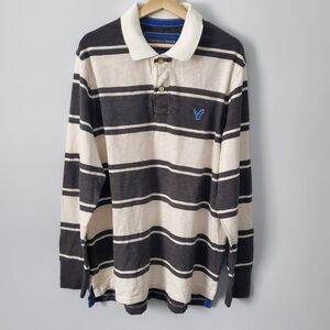 NEW American Eagle Men's Eagle Polo XL Rugby Stripes Long Sleeve B&W Vintage Y2K
